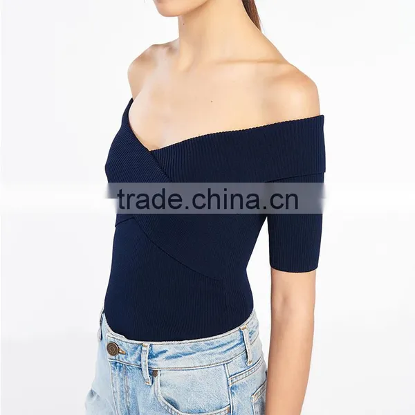 Elasticated Knit Crossover Shape V-neck Short Sleeves Strapless Tank photo-2