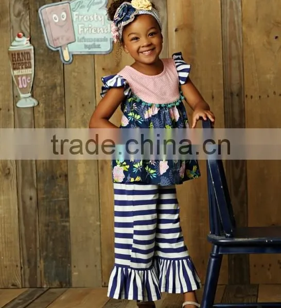 Newest Summer Persnickety Remake Girls Boutique Outfit Children Floral Ruffle Princess Dress and Stripe Capris Set photo-2