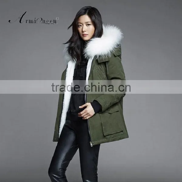 Fashionable Army green faux fur lined with real raccoon fur winter fur coat