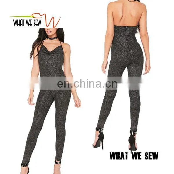 Custom Black Halter Neck Glitter Jumpsuit Casual Clothing For Ladies