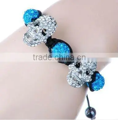 Sapphire Blue Crystal Pave Balls & Silvery Skull Beads Bracelet