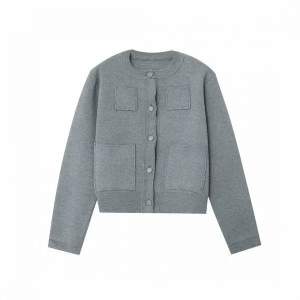 Spring 2025 new women's clothing European and American style belt shoulder pads, flat needle long sleeved round neck jacket for women