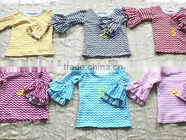 Huge Hit ! Latest Cheveron Children Long Sleeve Fancy Tops Girls 100% COTTON Top With Ruffles