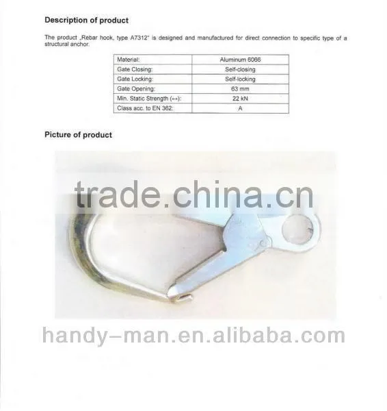 A7312 CE EN362 Forged Aluminum Double Action Safety Rebar Hook photo-6