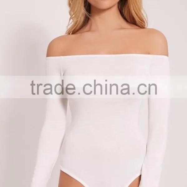 Long Sleeve Jumpsuit With High Leg Cotton Soft Basic White Off Shoulder Sexy Thong Bodysuit photo-5