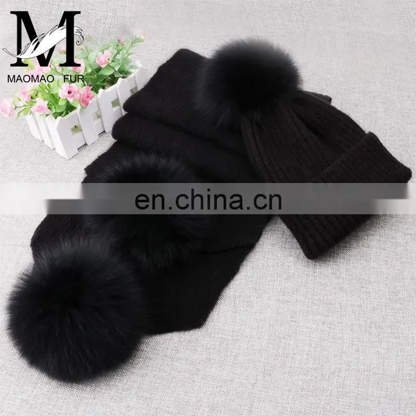 Hot Sale Custom Beanie Hat With Scarf Real Fur Pompom Wool Felt Hat photo-6