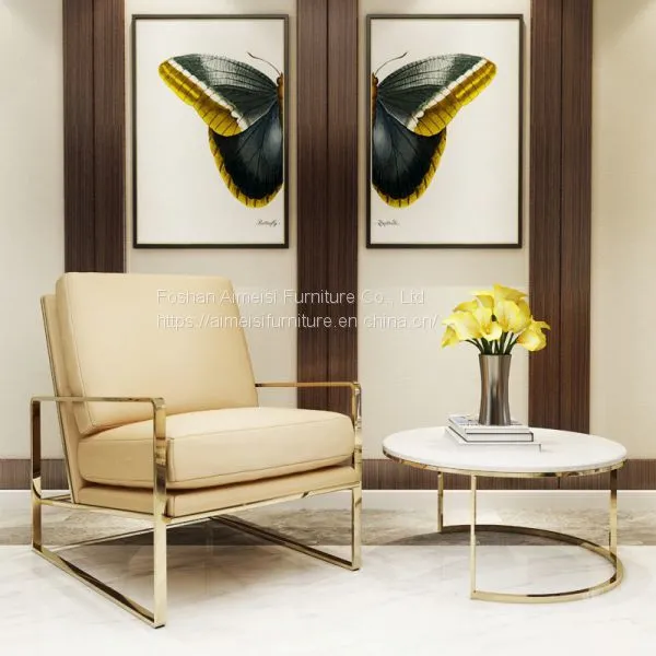 Modern Leather Cushion Golden Chrome Frame Lounge Sofa Chair