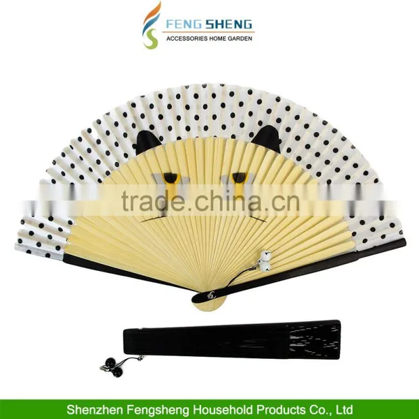 Cat Hand Fan Chinese Japanese Folding Bamboo Flower Wooden Handfan