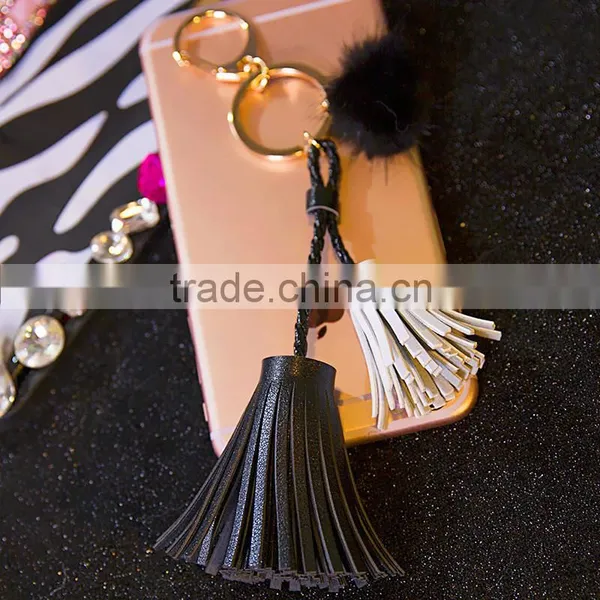 Charm Mink Fur Ball Leather Tassel Handbag Cell Phone Car Keychain photo-4