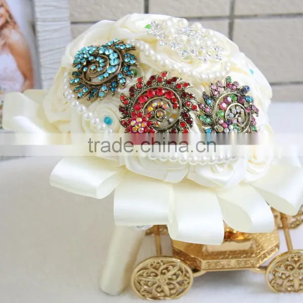 Handmade Elegant Satin Roses Bouquet for Bride Brooch Jewelry Bouquet photo-3