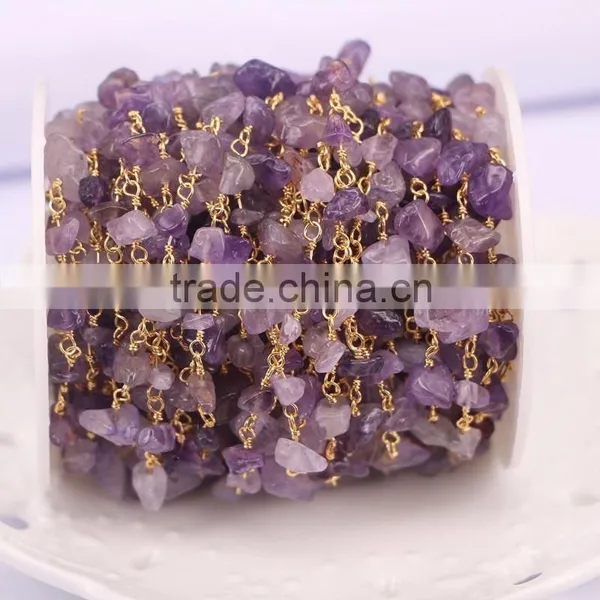 Gold Plated Wire Wrapped Beaded Rosary Chains Amethyst Quartz Stone Beads Jewelry Chain photo-6