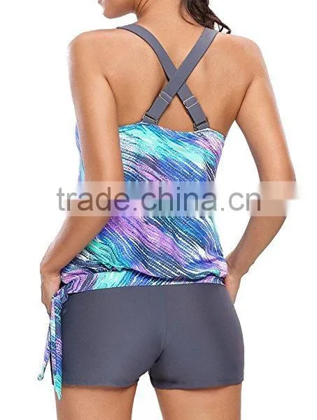 One Piece Swimsuit Women Polyester Spandex Waist Length Style Tankini Trendy Slim Stripes Print Blouse Set Sports Swimsuit photo-3