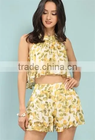 Ladies Aztec Print Crop Top Cheap Wholesale Lemon Print Chiffon Pleated Custom Printed Crop Tops photo-2