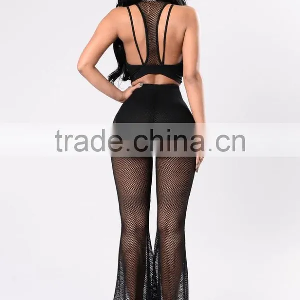 Matching Shirt and Pants Women Front Lining Strappy Back Detail Fishnet Crop Top And Wide Leg Bell Bottom Pants photo-6