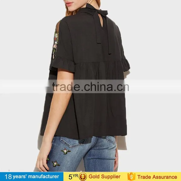 2017 Summer Tops Black Flower Embroidered Sheer Neck Ruffle Cuff Tie Back Top Woman Short Sleeve Vintage Blouse photo-4