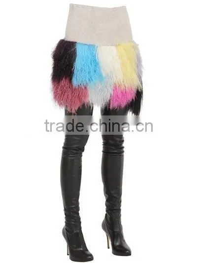 YR947 Fringed Patchwork Mongolia Wool Skirt Real Timbet Lamb Fur Skirt photo-3