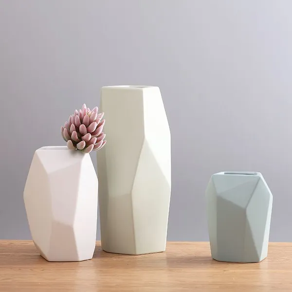 Nordic Style Blue Green White Geometry Fashion Dry Flower Ceramic Vase For Living Room photo-3