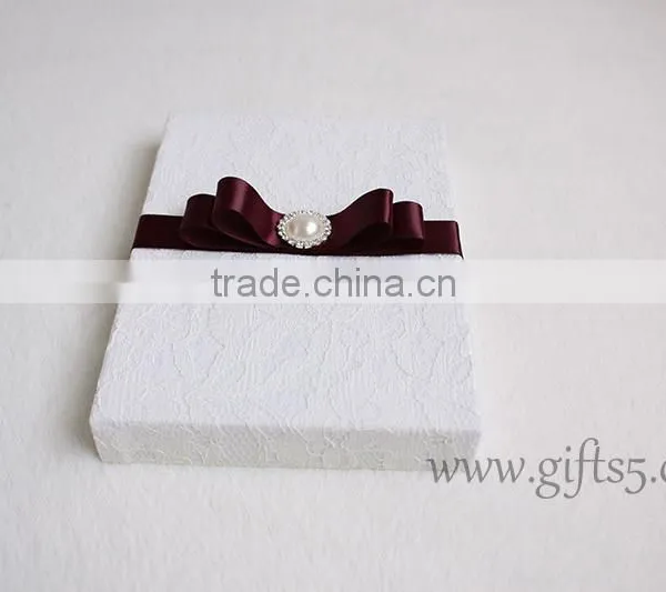 Excellent Lace Fabric Covered Wedding Invitation Boxes With Pearl photo-3