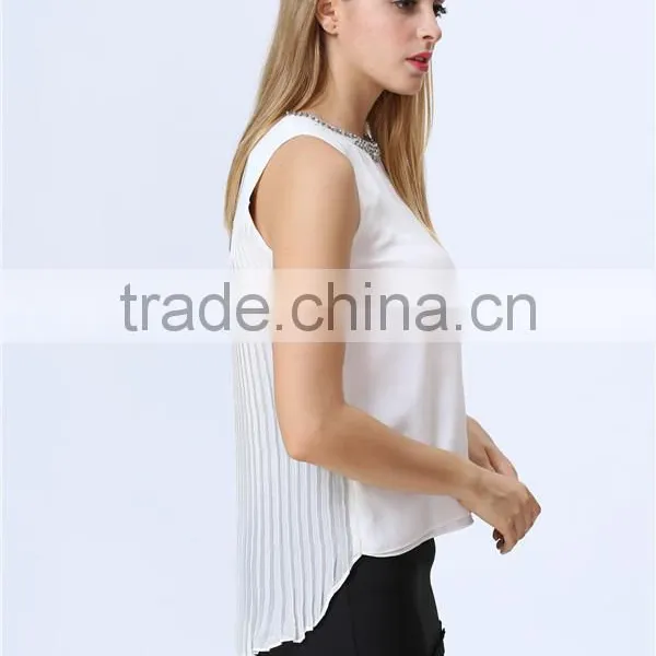 Women Fashion Casual Tops With Beaded Neckline and Pleazed Chiffon Back Details photo-2