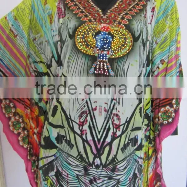 Multicolor CAFTAN Digital Print Crepe Silk LONG Kaftan Tunic Poncho photo-2