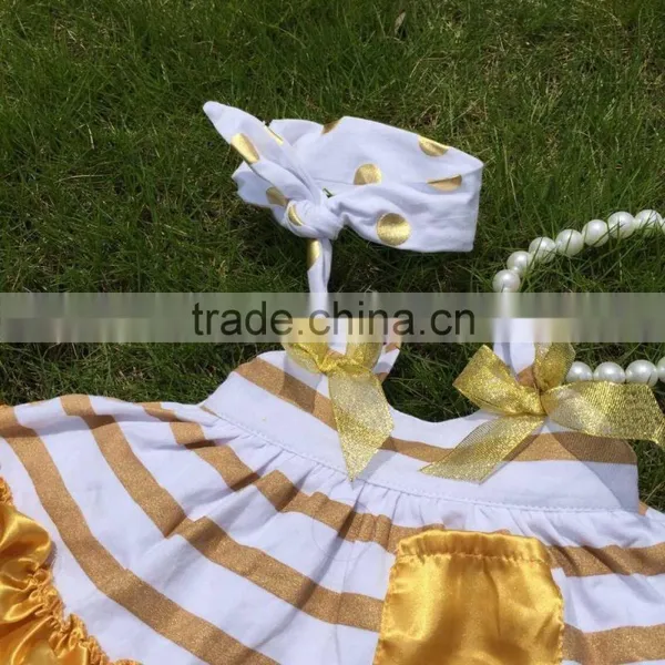 Hot Golden Stripe Swing Top Sets Newborn Girl Clothes Kids Swing Top Sets With Necklace and Headband photo-3