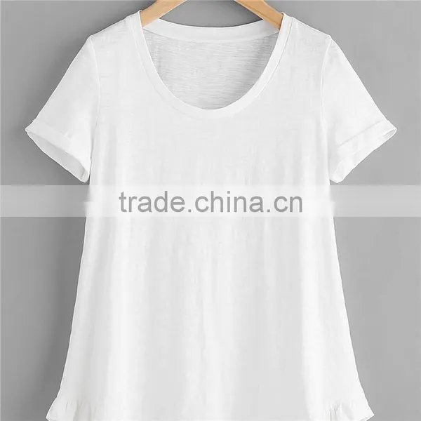 Plain White and Grey Pure Cotton Roll Cuff Ruffle Trim Slub T-shirt photo-2
