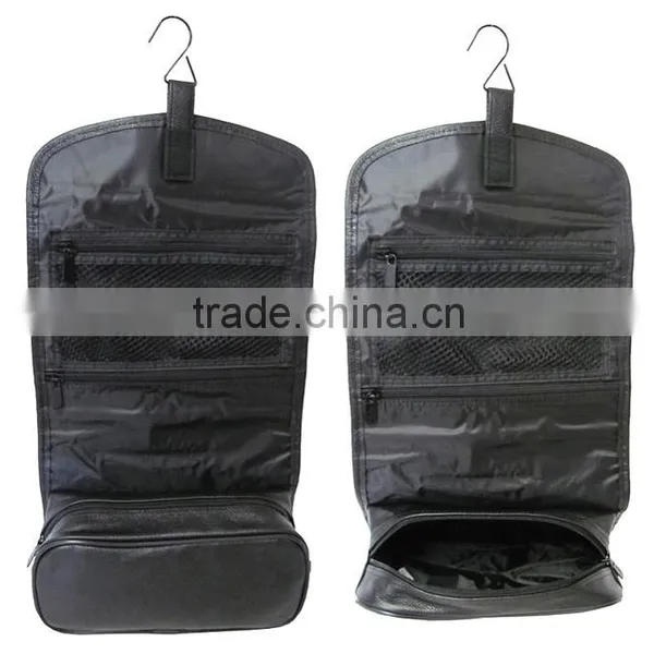 Black Top-grain Cowhide Leather Hanging Toiletry Bag Makeup Organizer Travel Wash Bag for Men photo-3