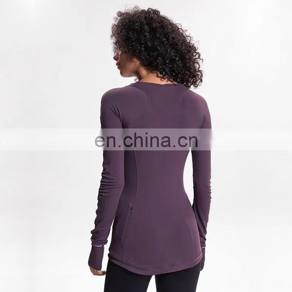 Custom Logo Women Yoga Tight Fit Long Sleeve Workout T Shirt Sports Tops With Side Zipper Pockets For Ladies photo-2