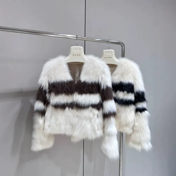 Mist City Lover Fox Fur Grass Coat for Young Women, One Piece Fur Stripe Contrast