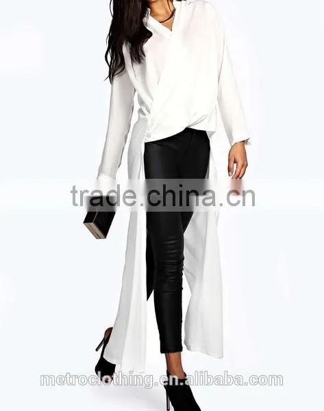 2015 China Manufacturer Customized Ladies Maxi Length Drape Front Shirt