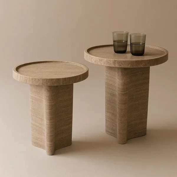 High Quality Nice Design Travertine Coffee Table With Cylindrical Base | Minimalist Marble Side Table for Modern Living Room photo-5