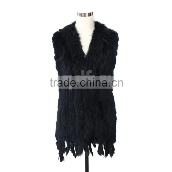 QDMJ006 Lady Clothes Long Knit Rabbit Fur Vest With Raccoon Dog Fur Collar For Women Clothing photo-5