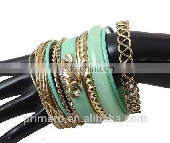 Handmade Gold Plated Multilayer Beads Chain Mix Bracelets Hard Plastic Bangles photo-2