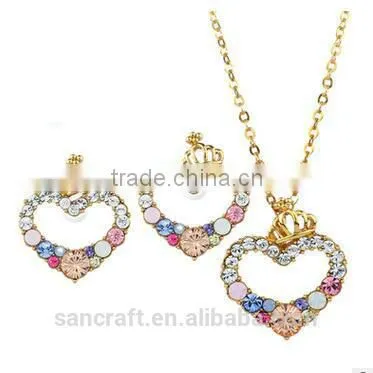New Model Trending Jewelry 18k Gold Plated Lovely Heart Necklace Set With Austrian Crystal