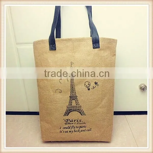Fashion Lady Jute Shopping Bag With PU Handle photo-3