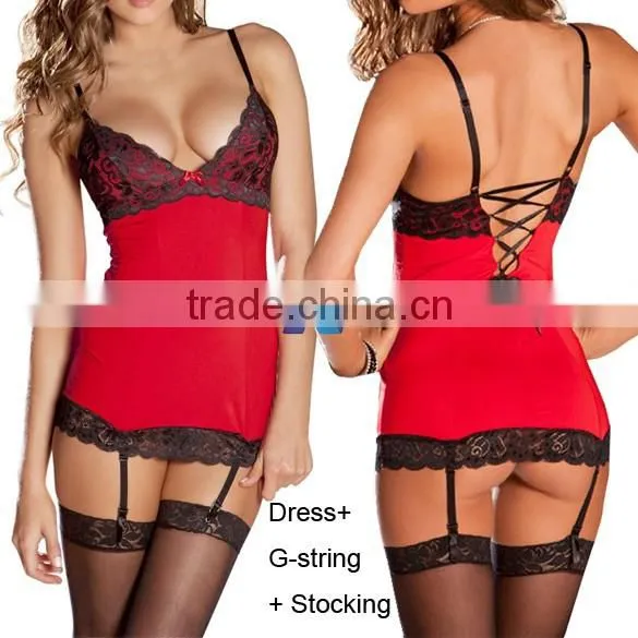 European Sexy Women Babydoll Sexy Lingerie Dress With G-string Stocking Kit Plus Size photo-4