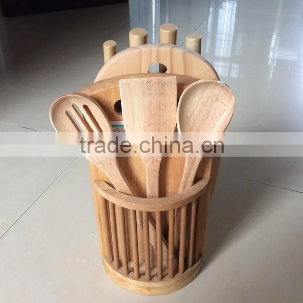 Wooden Knife Block With Three Wooden Utensils, Four Knives and 1chopping Board