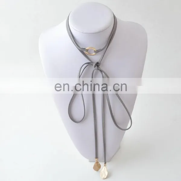 Layered Gray Knot Suede Wrap Necklace Gold Circle Pendant Bohemian Choker Necklace Jewelry photo-2