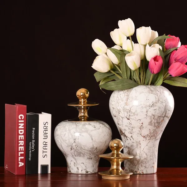 Gold Marbling White Luxury Chinese Jingdezhen Ceramic Vase With Gold Lid For Home Decor photo-2