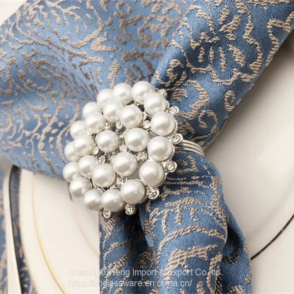 Factory Custom Rhinestone Gold Silver Napkin Ring With White Pearl Decoration photo-5