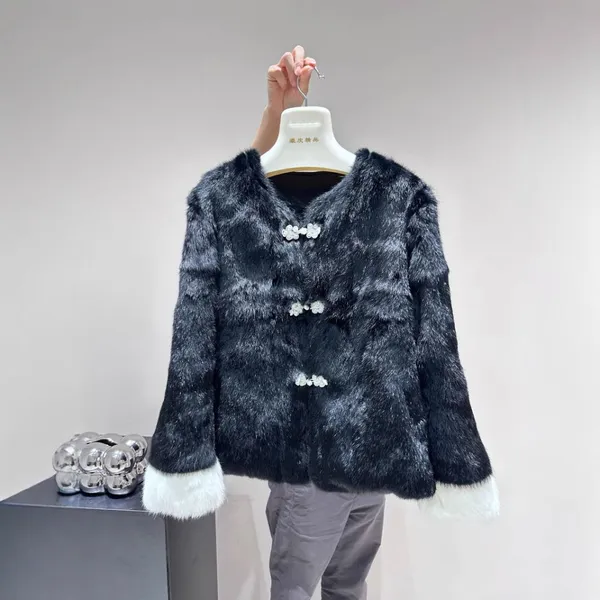 A New Chinese-style Traditional Chinese Coat and Fur One-piece Women's Autumn and Winter Rabbit Fur Dress With a Round Neck