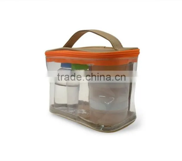Beige Color Leather Cosmetics Bag Clear PVC Beauty Make Up Bag photo-4