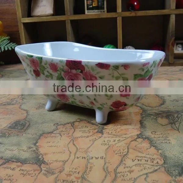 Rose Flower Design Small Ceramic Soap Bathtub photo-2