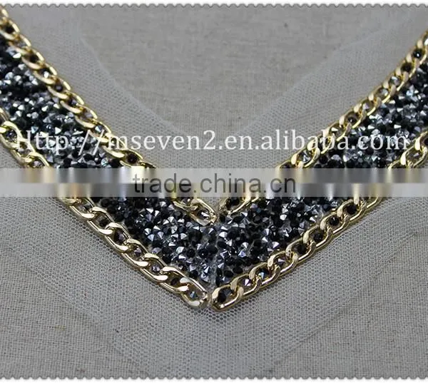 Women Fashion Gold Metal Chain Hot Fix Collar Hot Fix Black Rhinestone Necklace photo-3