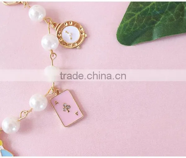 Enamel Rabbit Pumpkin Carriage the Playing Cards Clock Charms Bracelet Pearl Linked Bracelet With Assorted Charms photo-4