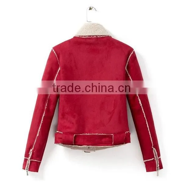 Factory Supply Thick Shearling Red Women Biker Jacket photo-3