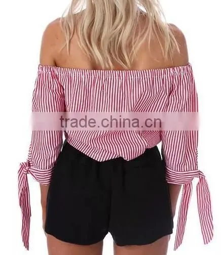 Runwaylover EY2331B New Design 2017 Ladies Fashion Off-Shoulder Stripe Blouse photo-2