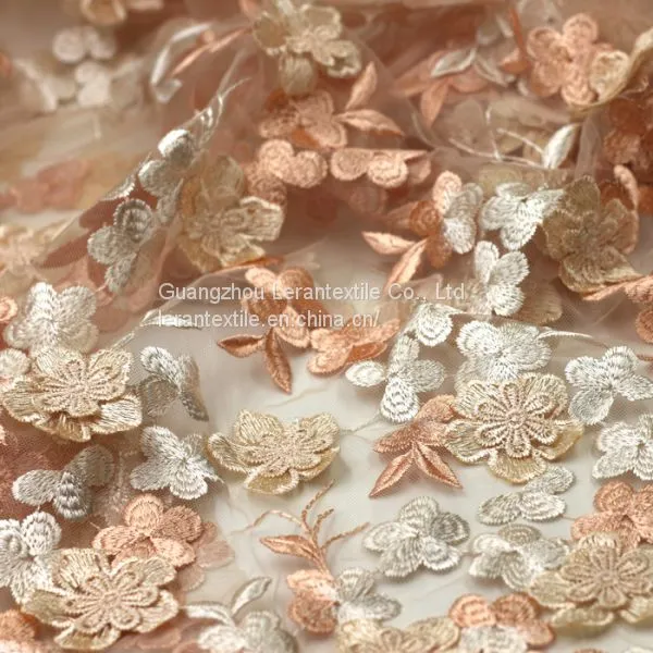 China Manufacture African Handcut Orange Tulle Embroidered Lace Fabric for Wedding Dress photo-2