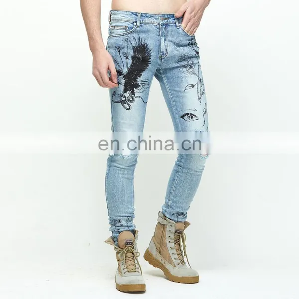 DiZNEW 2020 Wholesale Custom Slim Fitting Printed Ripped Denim Jeans Men photo-2