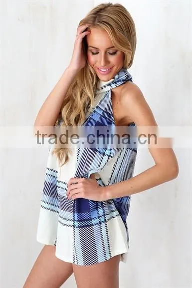 2015 Blue Cheque Playsuit Jumpsuit Shorts Adult Short Jumpsuit photo-3
